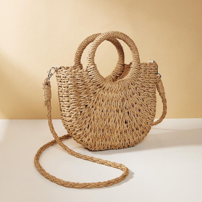 Beige Half Moon Straw Tote Woven Beach Bag