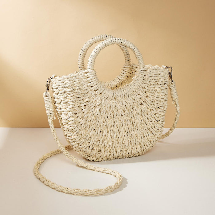 Beige Half Moon Straw Tote Woven Beach Bag