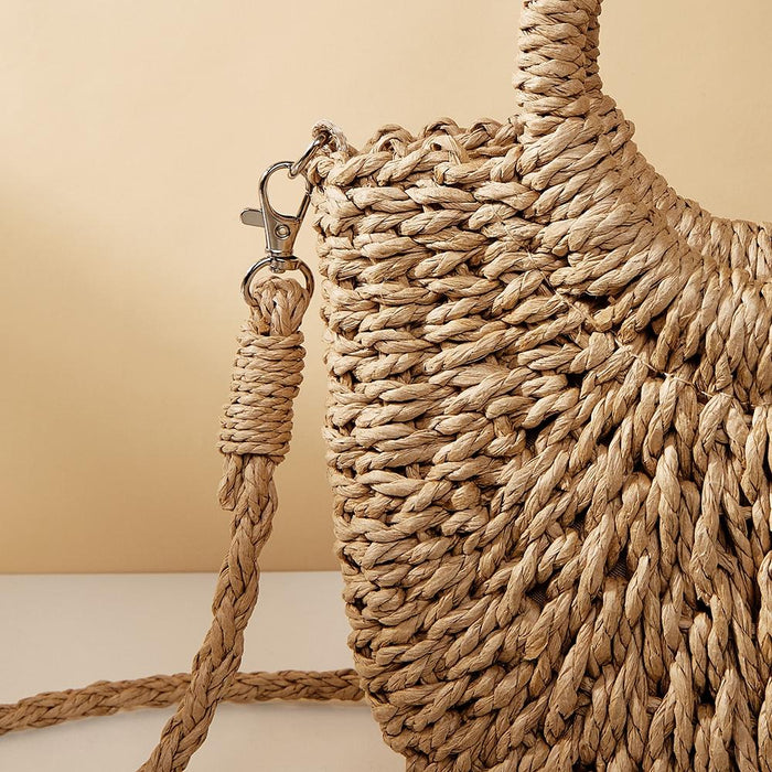 Beige Half Moon Straw Tote Woven Beach Bag