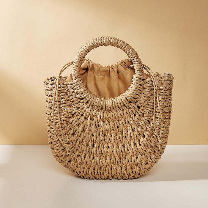 Beige Half Moon Straw Tote Woven Beach Bag