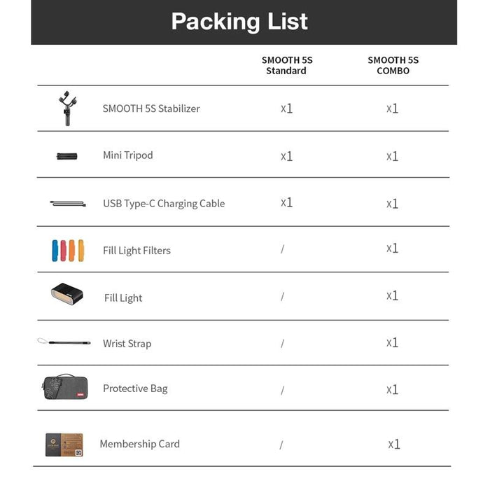 Smooth 5S 3-Axis Smartphone Handheld Gimbals Stabilizer - Combo Black