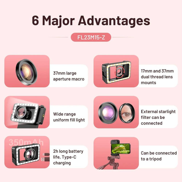 15X Macro Lens With Led Fill Light Phone Holder Clamp