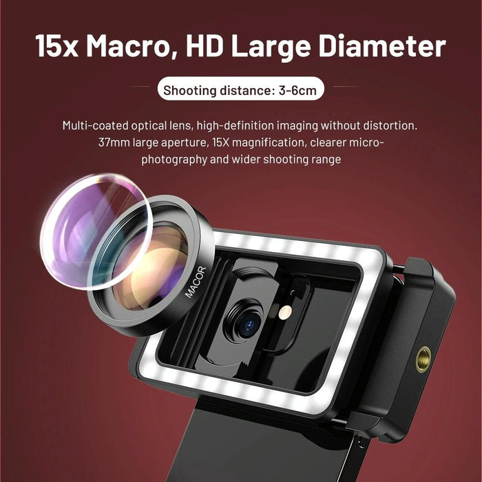 15X Macro Lens With Led Fill Light Phone Holder Clamp