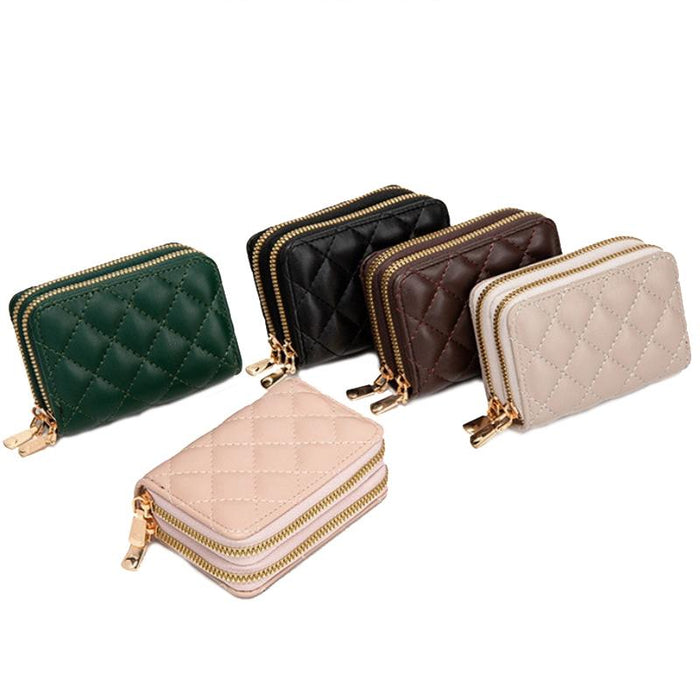 Double Layer Zipper Wallet Multi Card Slot Large Capacity Rhombus Design