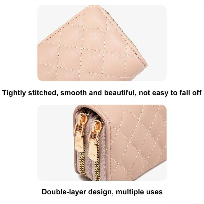 Double Layer Zipper Wallet Multi Card Slot Large Capacity Rhombus Design