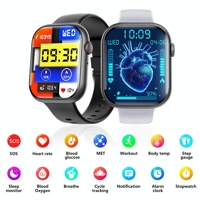 2.1 Inch Smart Watch With Blood Sugar / Oxygen Monitoring Sos Alarm 100+ Sports Modes Black
