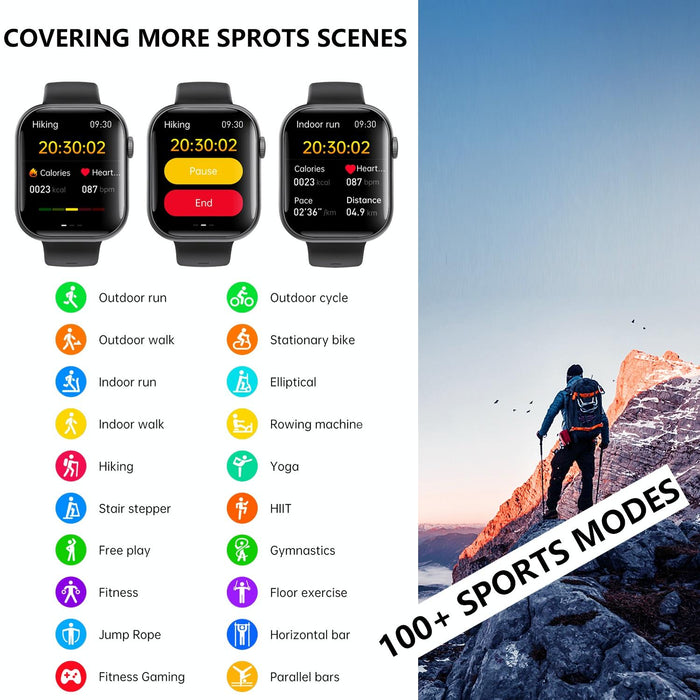 2.1 Inch Smart Watch With Blood Sugar / Oxygen Monitoring Sos Alarm 100+ Sports Modes Black