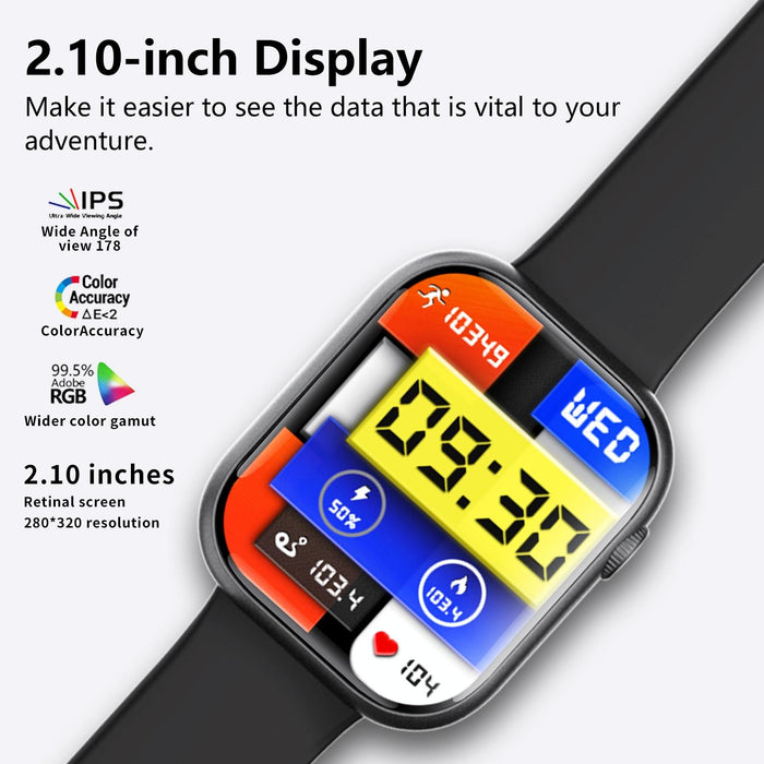 2.1 Inch Smart Watch With Blood Sugar / Oxygen Monitoring Sos Alarm 100+ Sports Modes Black