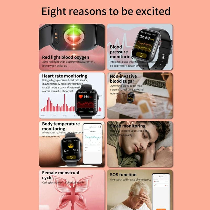 2.1 Inch Smart Watch With Blood Sugar / Oxygen Monitoring Sos Alarm 100+ Sports Modes Black