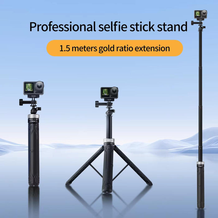 360 Degree Rotation 1.5M Selfie Stick Foldable Tripod For Gopro Hero / Insta360 / Dji Osmo Action Black