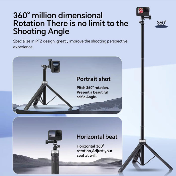 360 Degree Rotation 1.5M Selfie Stick Foldable Tripod For Gopro Hero / Insta360 / Dji Osmo Action Black