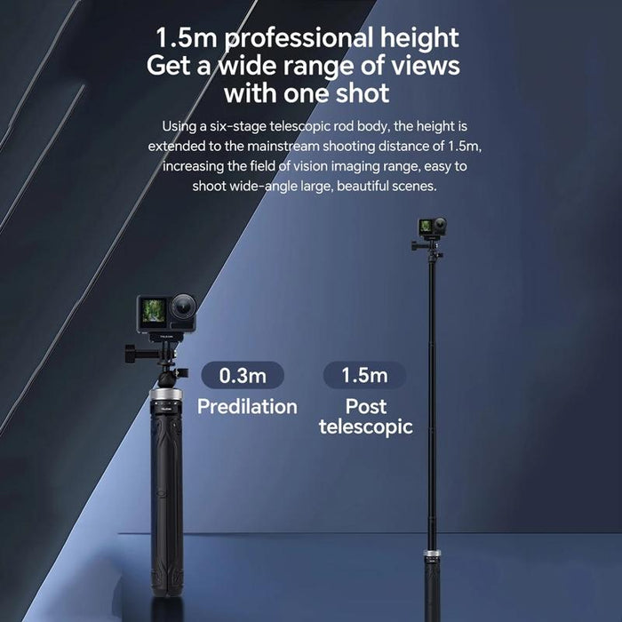 360 Degree Rotation 1.5M Selfie Stick Foldable Tripod For Gopro Hero / Insta360 / Dji Osmo Action Black