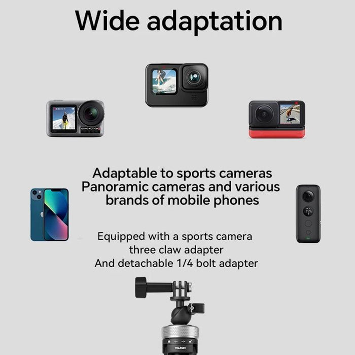 360 Degree Rotation 1.5M Selfie Stick Foldable Tripod For Gopro Hero / Insta360 / Dji Osmo Action Black