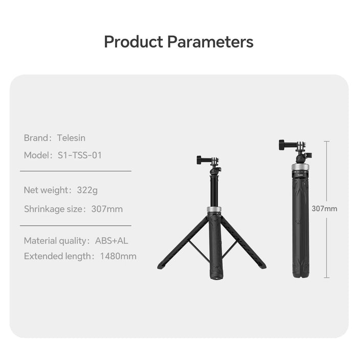 360 Degree Rotation 1.5M Selfie Stick Foldable Tripod For Gopro Hero / Insta360 / Dji Osmo Action Black