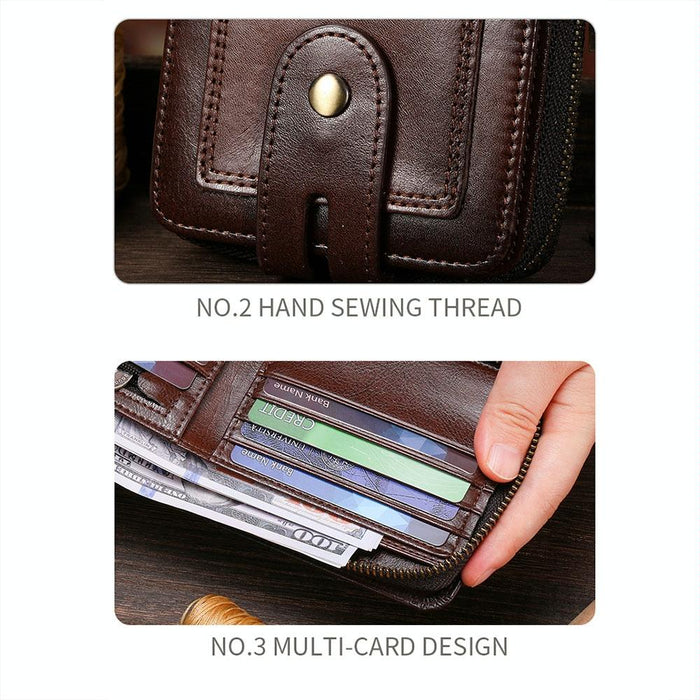 232 Rfid Anti-Theft Cowhide Men Zipper Wallet Vintage Business Card Holder