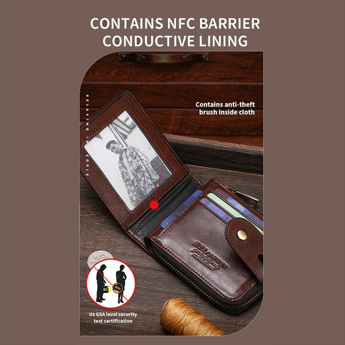232 Rfid Anti-Theft Cowhide Men Zipper Wallet Vintage Business Card Holder