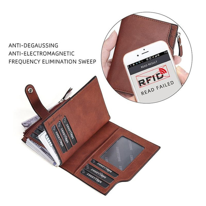 Rfid Anti Theft Tri Fold Short Wallet With Zipper Light Brown