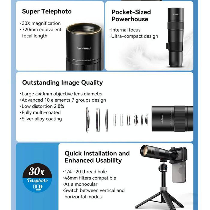 30X 720Mm Phone Telephoto Lens With Tripod Kit Black