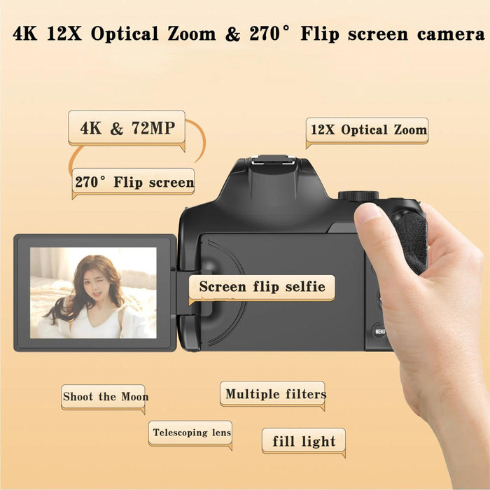 72Mp 4K Wifi Camera With 12X Zoom & Flip Screen