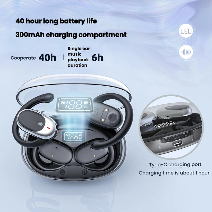 Air Conduction Bluetooth Earphones With Transparent Digital Display Case