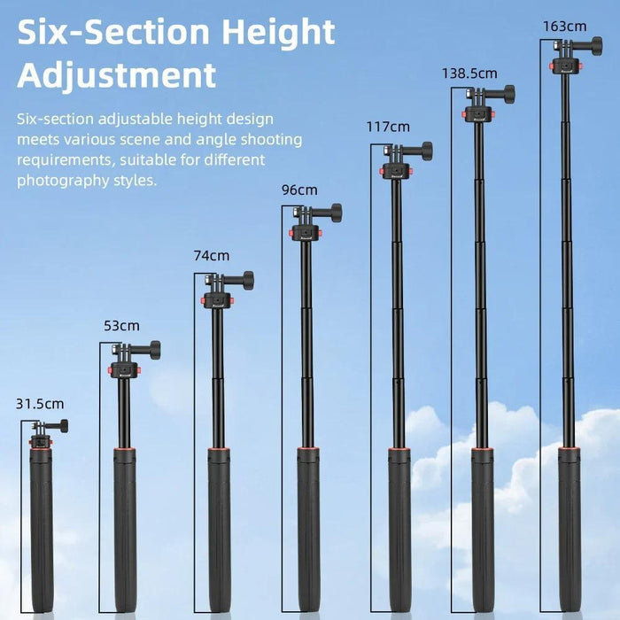 1.63M Magnetic Quick-Release Tripod Selfie Stick For Action Cameras For Vlogging Outdoor Sports Black