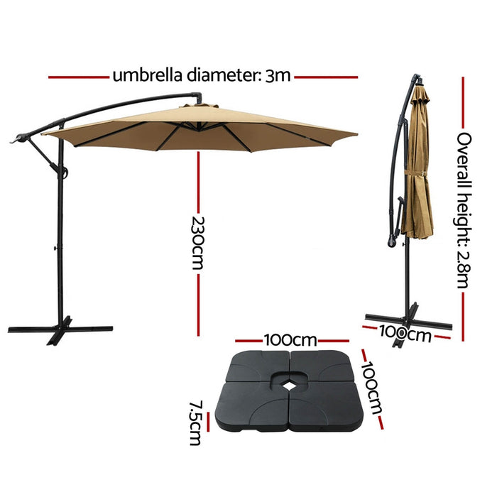 3M Umbrella W/Base Outdoor Cantilever Beach Garden Patio Parasol Beige