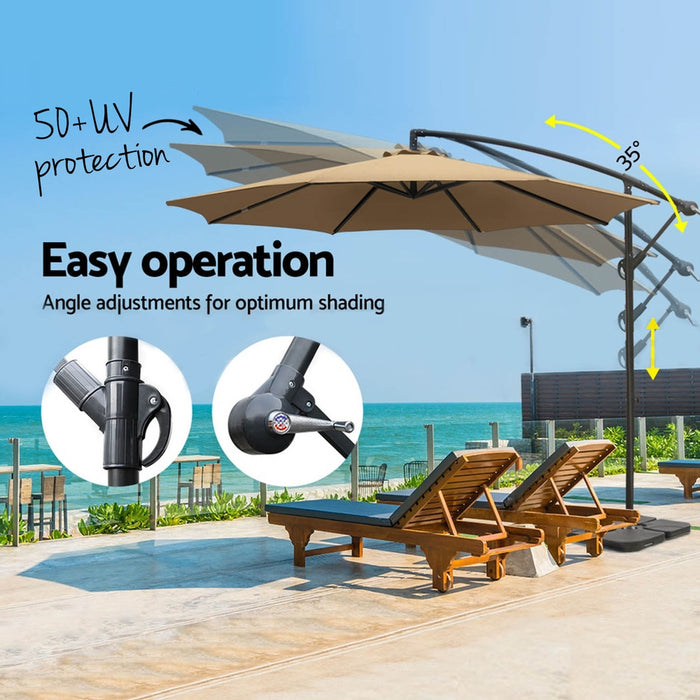 3M Umbrella W/Base Outdoor Cantilever Beach Garden Patio Parasol Beige