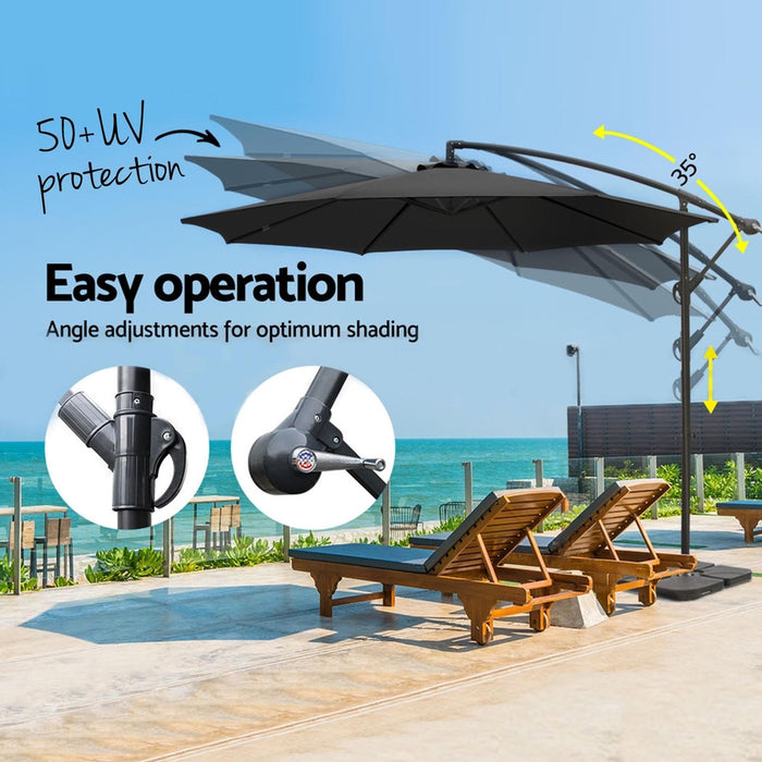 3M Umbrella W/Base Outdoor Cantilever Beach Garden Patio Parasol Black