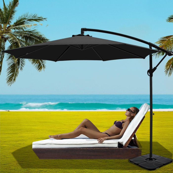3M Umbrella W/Base Outdoor Cantilever Beach Garden Patio Parasol Black