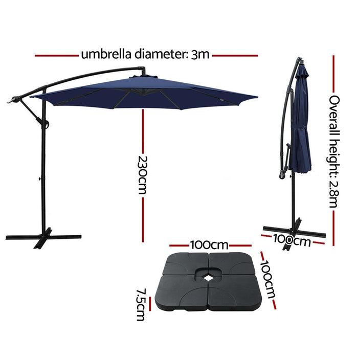 3M Umbrella W/Base Outdoor Cantilever Beach Garden Patio Parasol Navy