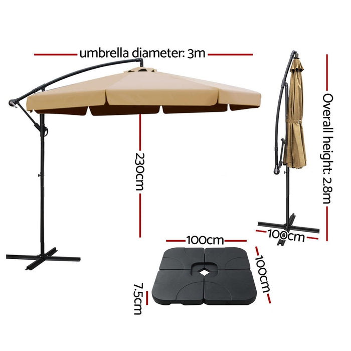 3M Outdoor Umbrella W/Base Cantilever Garden Beach Patio Beige