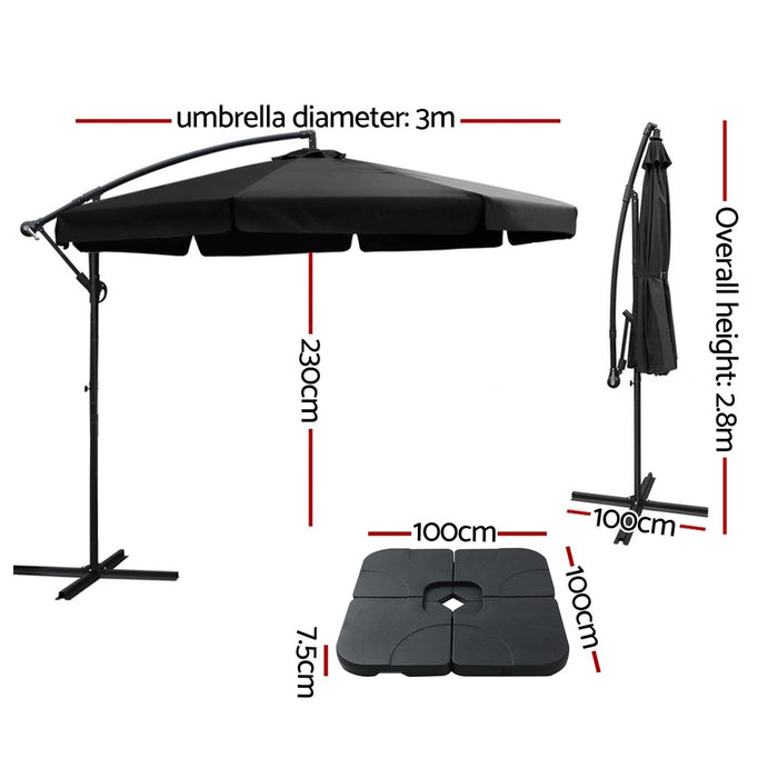 3M Outdoor Umbrella W/Base Cantilever Garden Beach Patio Black