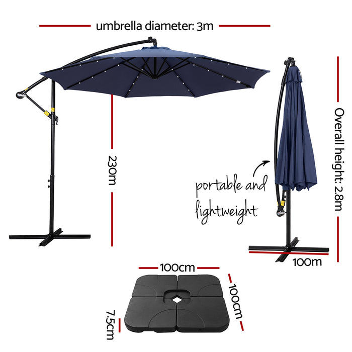 Outdoor Umbrella 3M Cantilever Beach Led W/Base Garden Shade Patio Navy
