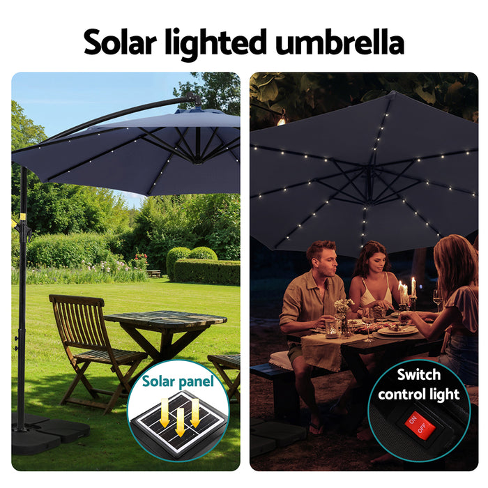 Outdoor Umbrella 3M Cantilever Beach Led W/Base Garden Shade Patio Navy