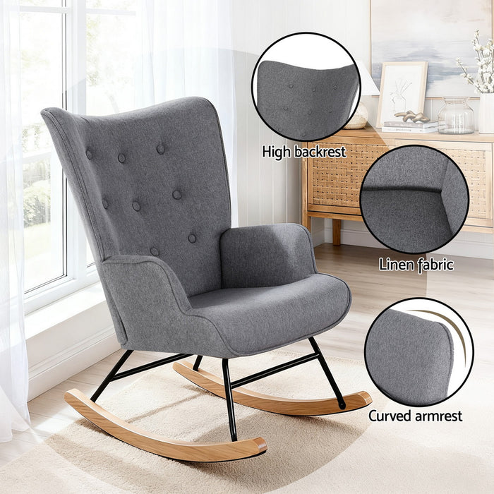 Rocking Armchair Nursing Chair Linen Fabric Grey