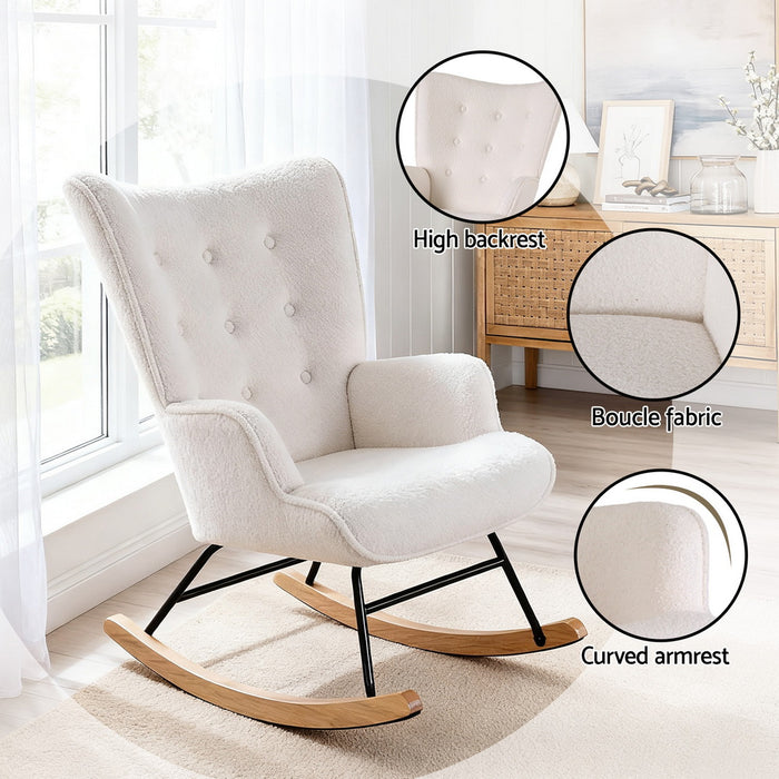 Rocking Armchair Nursing Chair Boucle Fabric White