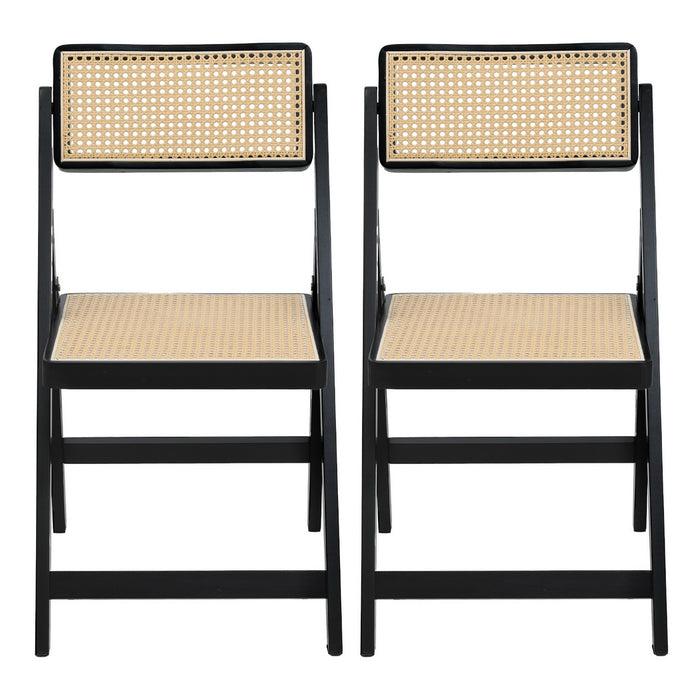 2X Dining Chairs Wooden Rattan Foldable Black