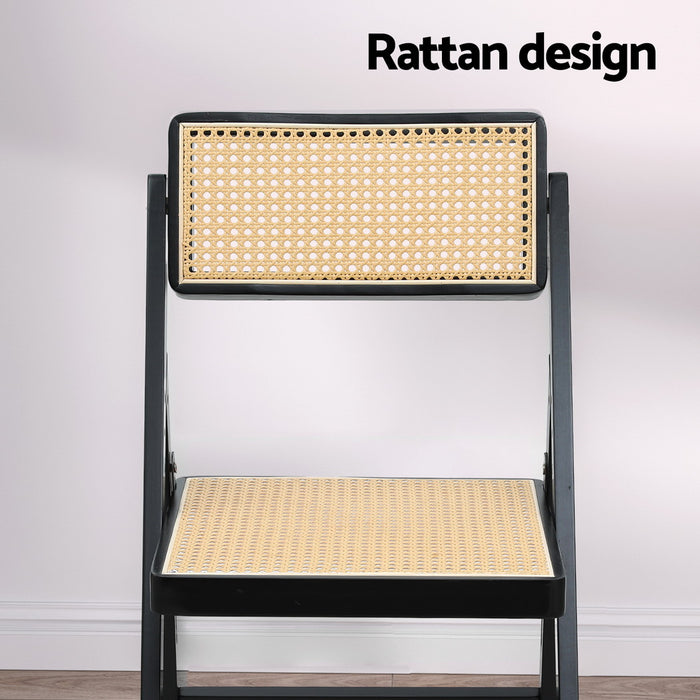 2X Dining Chairs Wooden Rattan Foldable Black
