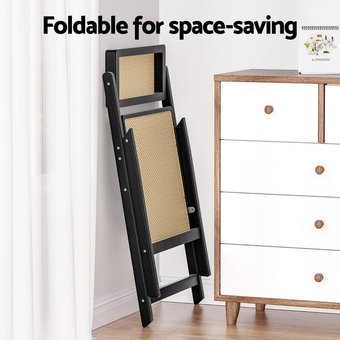 2X Dining Chairs Wooden Rattan Foldable Black