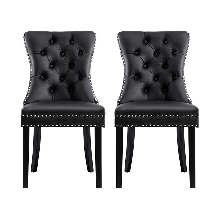1 Set Of 2 Dining Chairs Black Leather