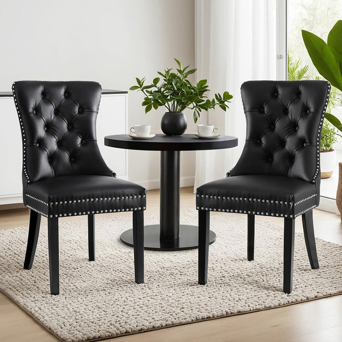 1 Set Of 2 Dining Chairs Black Leather