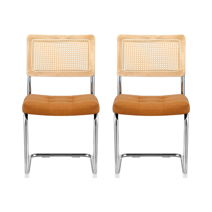Dining Chairs Set Of 2 Pu Leather Rattan Cantilever Brown