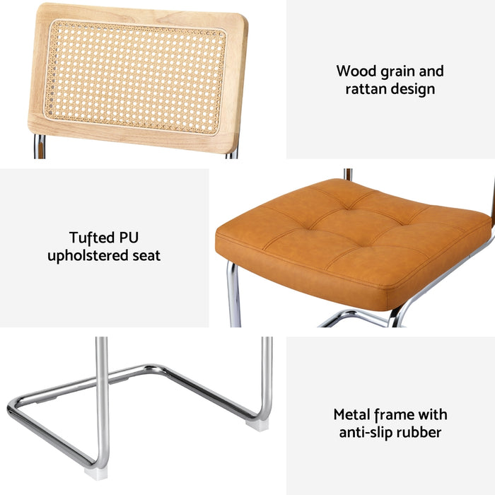 Dining Chairs Set Of 2 Pu Leather Rattan Cantilever Brown