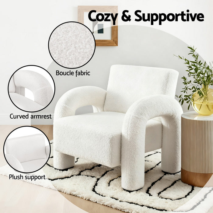 Armchair Accent Chair Lounge Sofa Couch Curved Seat Boucle White
