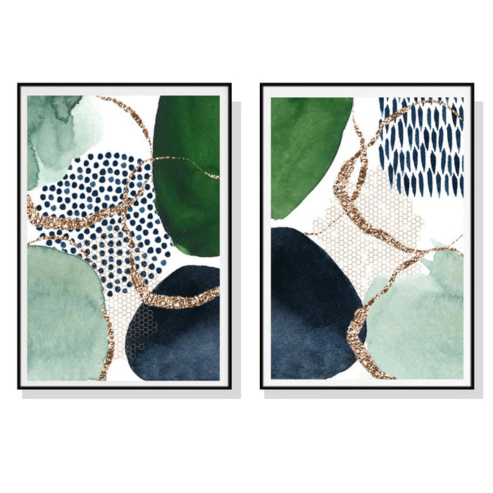 Wall Art 70Cmx100Cm Abstract Green And Navy 2 Sets Black Frame Canvas
