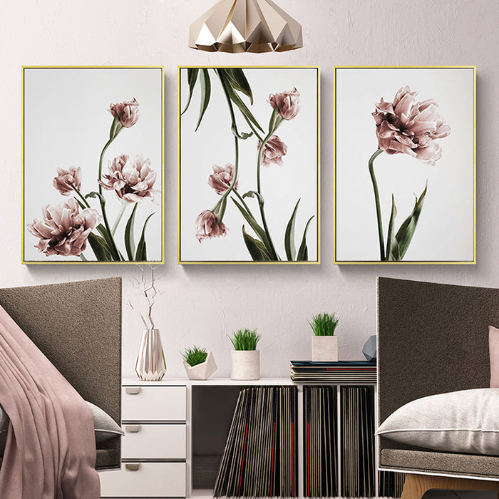 Wall Art 90Cmx135Cm Tulip Flower 3 Sets Gold Frame Canvas