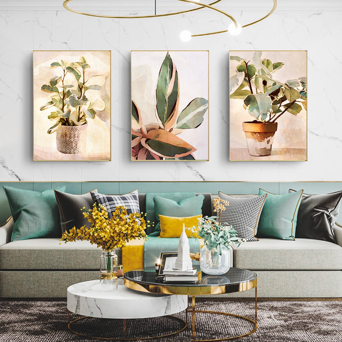 Wall Art 80Cmx120Cm Botanical Leaves Watercolor Style 3 Sets Gold Frame Canvas