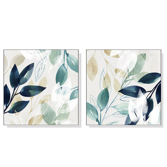 Wall Art 40Cmx40Cm Watercolour Style Leaves 2 Sets White Frame Canvas
