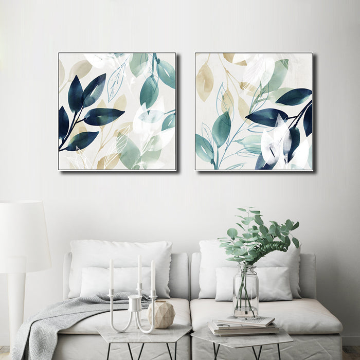 Wall Art 90Cmx90Cm Watercolour Style Leaves 2 Sets White Frame Canvas