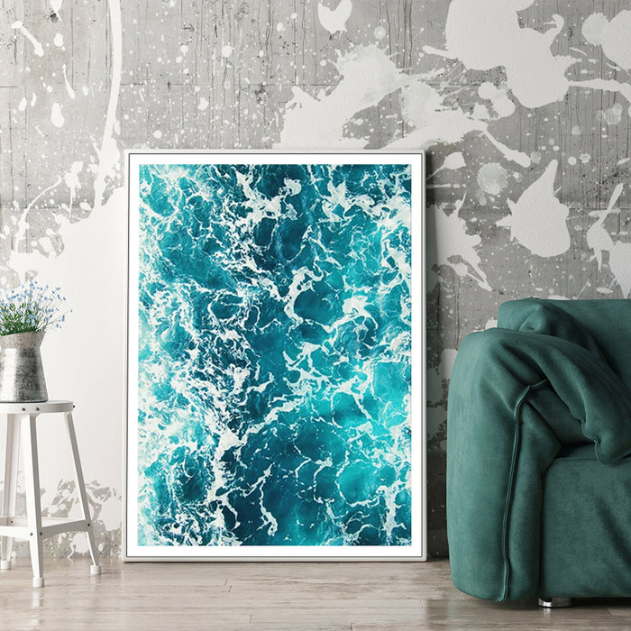 Wall Art 90Cmx135Cm Blue Ocean White Frame Canvas
